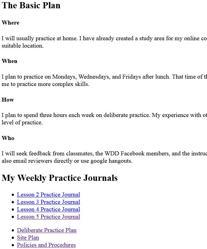 A screenshot of my internal links on my Deliberate Practice Plan page.